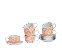 Nicola Spring Hand Printed Cappuccino Cups & Saucers Set - 250ml - Pack of 12 - Orange Stoneware Coffee Mug Set with Matching Saucers for Cappuccino, Latte, Espresso, Macchiato, Mocha & Hot Drinks
