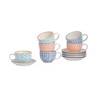 Hand-Printed Cappuccino Cup & Saucer Set - 250ml - 3 Colours - 12 Piece Nicola Spring Multi One Size