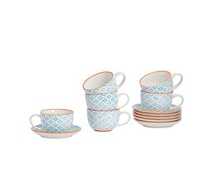 Nicola Spring Hand Printed Cappuccino Cups with Saucers - 250ml - 12pc Blue Porcelain Cappuccino Cups and Saucer Set Coffee Mugs with Handle and Plate