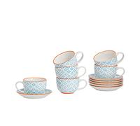 Nicola Spring Hand Printed Cappuccino Cups with Saucers - 250ml - 24pc Blue Porcelain Cappuccino Cups and Saucer Set Coffee Mugs with Handle and Plate