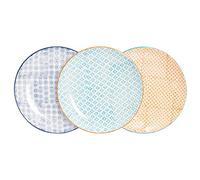 Nicola Spring Hand Printed Dinner Plates - 25.5cm - 3 Colours - Pack of 6 - Stoneware Patterned Dinner Plates for Main Meals, Starters, Desserts, Side Dishes & Everyday Dining
