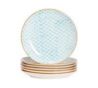 Nicola Spring Hand-Printed Dinner Plates - 25.5cm - Blue - Pack of 6 - Porcelain Decorative Patterned Dining Dish Plates for Snacks, Starters, Dinner, Dessert