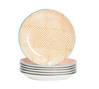 Nicola Spring Hand-Printed Dinner Plates - 25.5cm - Orange - Pack of 6 - Porcelain Decorative Patterned Dining Dish Plates for Snacks, Starters, Dinner, Dessert