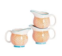Nicola Spring Hand-Printed Milk Jugs - 300ml - Pack of 3 - Orange Decorative Stoneware Dishwasher Safe Floral Pattern Tableware Cappuccino Coffee Milk Pitcher Jugs with Handle