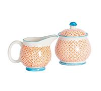 Nicola Spring Hand-Printed Milk & Sugar Set - 300ml - Orange Decorative Stoneware Dishwasher Safe Floral Pattern Milk Jug and Sugar Storage Container Set