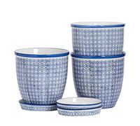 Nicola Spring Hand Printed Patterned Plant Pots with Saucers - 3 Colours - Pack of 3-20.5cm Stoneware Plant Pots for Indoor Plants, Succulents, Herbs & Outdoor Garden Flowers, Decorative Planters