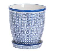 Nicola Spring Hand Printed Patterned Plant Pots with Saucers - Navy - Pack of 1-20.5cm Stoneware Plant Pots for Indoor Plants, Succulents, Herbs & Outdoor Garden Flowers, Decorative Planters