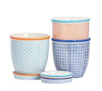 Nicola Spring Hand Printed Patterned Plant Pots with Saucers - Navy - Pack of 3-20.5cm Stoneware Plant Pots for Indoor Plants, Succulents, Herbs & Outdoor Garden Flowers, Decorative Planters