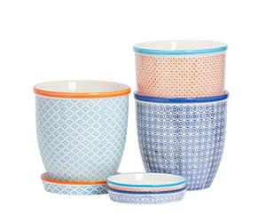 Nicola Spring Hand Printed Patterned Plant Pots with Saucers - Navy - Pack of 3-20.5cm Stoneware Plant Pots for Indoor Plants, Succulents, Herbs & Outdoor Garden Flowers, Decorative Planters