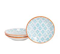Nicola Spring Hand Printed Sauce Dishes - 10cm - Blue - Pack of 3 - Vintage Stoneware Dipping Bowls for Soy Sauce, Condiments, Chutney, Seasoning, Sushi, Tapas & Appetisers