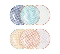 Nicola Spring Hand-Printed Side Plates - 18cm - 6 Colours - Pack of 6 - Stoneware Decorative Patterned Dining Dish Plates for Snacks, Starters, Dinner, Dessert