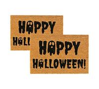 Nicola Spring Non-Slip Halloween Theme Door Mats Pack of 2 - Natural Coir, Indoor Outdoor - 60cm - Happy Halloween Ghost