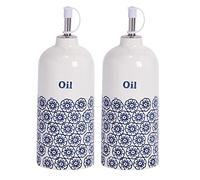 Nicola Spring Olive Oil Bottles - 500ml - Pack of 2 - Dishwasher Safe Stoneware Kitchen Hand Printed Navy Olive Oil Dispenser Cruet with Chrome Pourer Spout for Kitchens, Restaurants, Dining