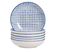 Nicola Spring Patterned Pasta Bowls - Navy - Pack of 6 | Stoneware Flower Print Design Rice Serving Bowls for Cereal, Fruit, Dessert, Salad, Noodles, Snacks