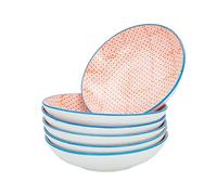 Nicola Spring Patterned Pasta Bowls - Orange - Pack of 6 - Porcelain Flower Print Design Rice Serving Bowls for Cereal, Fruit, Dessert, Salad, Noodles, Snacks
