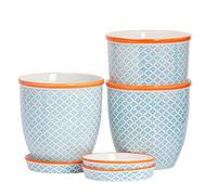 Nicola Spring Patterned Plant Pots with Saucers - Blue - 3 Pack - 20.5cm Stoneware Plant Pots Indoor Stoneware Planter with Tray Outdoor Garden Flower Planter