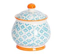Nicola Spring Patterned Sugar Bowl with Lid - Blue - Pack of 1 | Stoneware Hand Printed Sugar Pot China Kitchen Salt Jar Seasoning Spice Storage Container