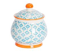 Nicola Spring Patterned Sugar Bowl With Lid - Blue - Stoneware Hand Printed Sugar Pot China Kitchen Storage Jar Container