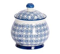 Nicola Spring Patterned Sugar Bowl with Lid - Navy - Pack of 1 - Stoneware Hand Printed Sugar Pot China Kitchen Salt Jar Seasoning Spice Storage Container