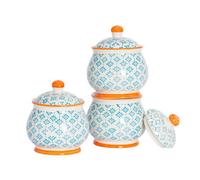 Nicola Spring Patterned Sugar Bowls With Lid - Blue - 3X Stoneware Hand Printed Sugar Pot China Kitchen Storage Jar Container