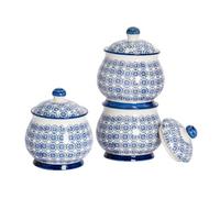 Nicola Spring Patterned Sugar Bowls With Lid - Navy - 3X Stoneware Hand Printed Sugar Pot China Kitchen Storage Jar Container
