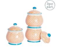 Nicola Spring Patterned Sugar Bowls With Lid - Orange - 3X Stoneware Hand Printed Sugar Pot China Kitchen Storage Jar Container