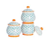 Nicola Spring Patterned Sugar Bowls with Lids - Blue - Pack of 3 | Stoneware Hand Printed Sugar Pot China Kitchen Salt Jar Seasoning Spice Storage Container