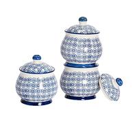 Nicola Spring Patterned Sugar Bowls with Lids - Navy - Pack of 3 | Stoneware Hand Printed Sugar Pot China Kitchen Salt Jar Seasoning Spice Storage Container