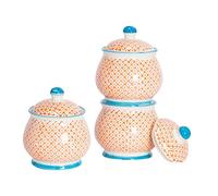 Nicola Spring Patterned Sugar Bowls with Lids - Orange - Pack of 3 | Stoneware Hand Printed Sugar Pot China Kitchen Salt Jar Seasoning Spice Storage Container