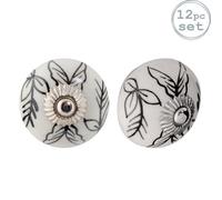 Nicola Spring Round Ceramic Cabinet Knobs - Black Leaves - Pack Of 12