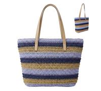 Nicole Brown Women's Straw Tote Bag Blue Multi - Woven Summer Beach Bag with Zip Closure & Interior Pocket, Lightweight Holiday Shoulder Shopper for Travel, Shopping & Beach Days