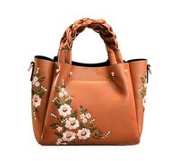 NICOLE & DORIS Embroidered Handbag for Women Bucket Bag Elegant Shoulder Bag Zipper Crossbody Bag Top Handle Bag Satchel Handbag with Weaving Handle Brown