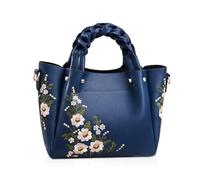 NICOLE & DORIS Embroidered Handbag for Women Bucket Bag Elegant Shoulder Bag Zipper Crossbody Bag Top Handle Bag Satchel Handbag with Weaving Handle Navy Blue