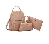 NICOLE & DORIS Fashion Ladies Backpack Rucksack 3-PCS PU Leather Backpacks for Women Casual Daypack for Office Work Travel Pink