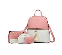 NICOLE & DORIS Fashion Women Backpack Casual Daypack 4-PCS Color Block PU Leather Rucksack with Chain Crossbody Bag Clutches Card Bag White with Pink