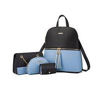 NICOLE & DORIS Fashion Women Backpack Casual Daypack 4-PCS Color Block PU Leather Rucksack with Chain Crossbody Bag Clutches Card Bag Blue with Black