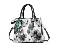 NICOLE & DORIS Floral Handbags for Women Printed Top Handle Handbags Elegant Shoulder Bag PU Leather Crossbody Bag Medium Size Tote Bag with Ribbon Black