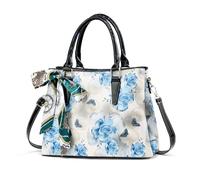 NICOLE & DORIS Floral Handbags for Women Printed Top Handle Handbags Elegant Shoulder Bag PU Leather Crossbody Bag Medium Size Tote Bag with Ribbon Blue