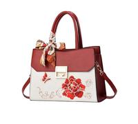 NICOLE & DORIS Handbags for Women Elegant Medium Tote Bags Exquisite Top Handle Bags PU Leather Shoulder Bag Crossbody Bag Flowers Handbag with Ribbon Burgundy Embroidery