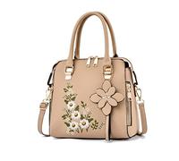 NICOLE & DORIS Ladies Designer Handbags Small Top Handle Bags Womens Elegant Shoulder Bag PU Leather Crossbody Bag Square Handbag with Flowers Embroidered Khaki