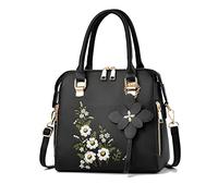 NICOLE & DORIS Ladies Designer Handbags Small Top Handle Bags Womens Elegant Shoulder Bag PU Leather Crossbody Bag Square Handbag with Flowers Embroidered Black