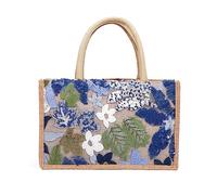 Nicole & Doris Large Capacity Jute Tote Handbag with Embroidered Flowers for Women and Ladies - Light Blue Lunch and Beach Bag