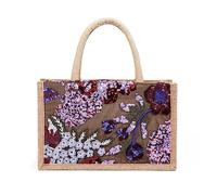 Nicole & Doris Large Capacity Jute Tote Handbag with Embroidered Flowers for Women Teachers, Ladies in Burgundy