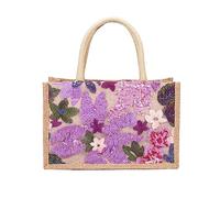 Nicole & Doris Large Capacity Jute Tote Handbag with Embroidered Flowers - Purple Lunch Shopper Bag for Women
