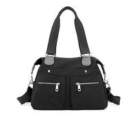 NICOLE & DORIS Large Nylon Tote Bag,Multi Pockets Shoulder Bag Women Casual,Shopping Bag with Zipper, for Travel,Beach,Gym,Work Black