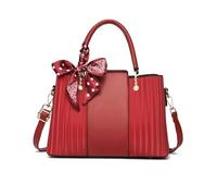 NICOLE & DORIS New Woman Handbag Elegant Top Handle Bags Medium Tote Bag Multi Pocket Shoulder Bags PU Leather Crossbody Bag with Ribbon Wine Red