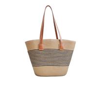 NICOLE & DORIS Straw Handbags for Women Summer Beach Bag Large Tote Bag with Zip Shopping Bag Shoulder Bag Basket Bag for Holiday Travel and Daily Thin Stripes