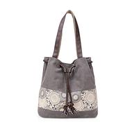 NICOLE & DORIS Student Canvas Handbag Women Bucket Bag Retro Tote Bag Drawstring Shoulder Bag Ladies Hobo Bag Top Handle Satchels Casual Beach Bag Grey