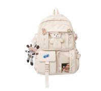 NICOLE & DORIS Woman Backpack Cute Rucksack for Girls Student Lightweight Casual Daypack Aesthetic Travel Backpack Kawaii School Bags with Lovely Plush Doll White