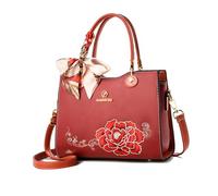 NICOLE & DORIS Women Fashion Bags Small Handbags with Triple Compartment Top Handle Bags Exquisite Shoulder Bag PU Leather Crossbody Bag Flowers Embroidered Handbag Burgundy
